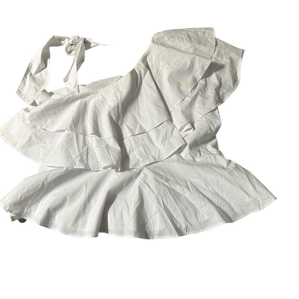 Leith White One-Shoulder Ruffle Tie-Neck Blouse - Picture 5 of 6